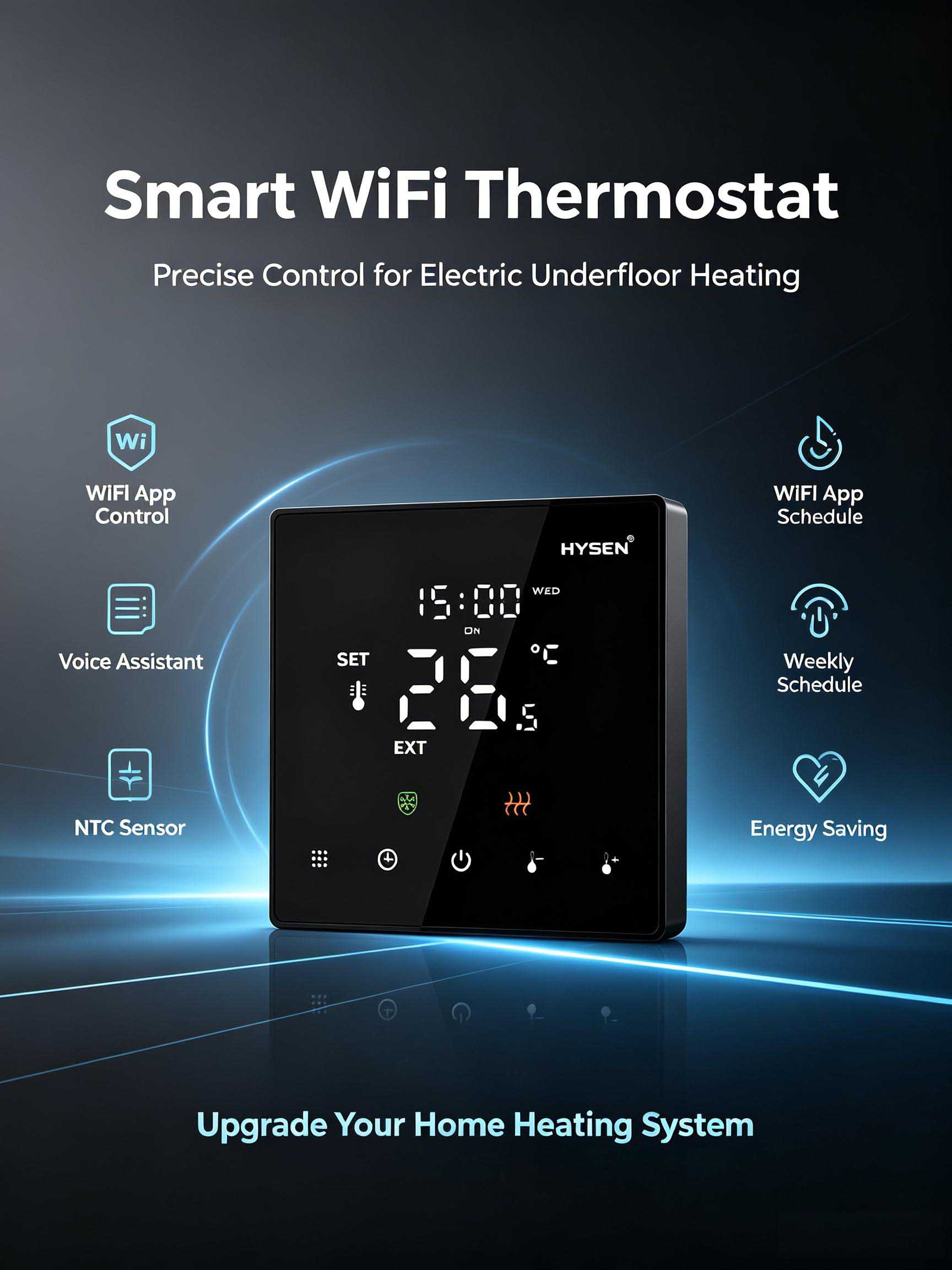 Умный Wi-Fi-термостат HYSEN HY608 | Ультратонкий сенсорный терморегулятор для теплого пола
